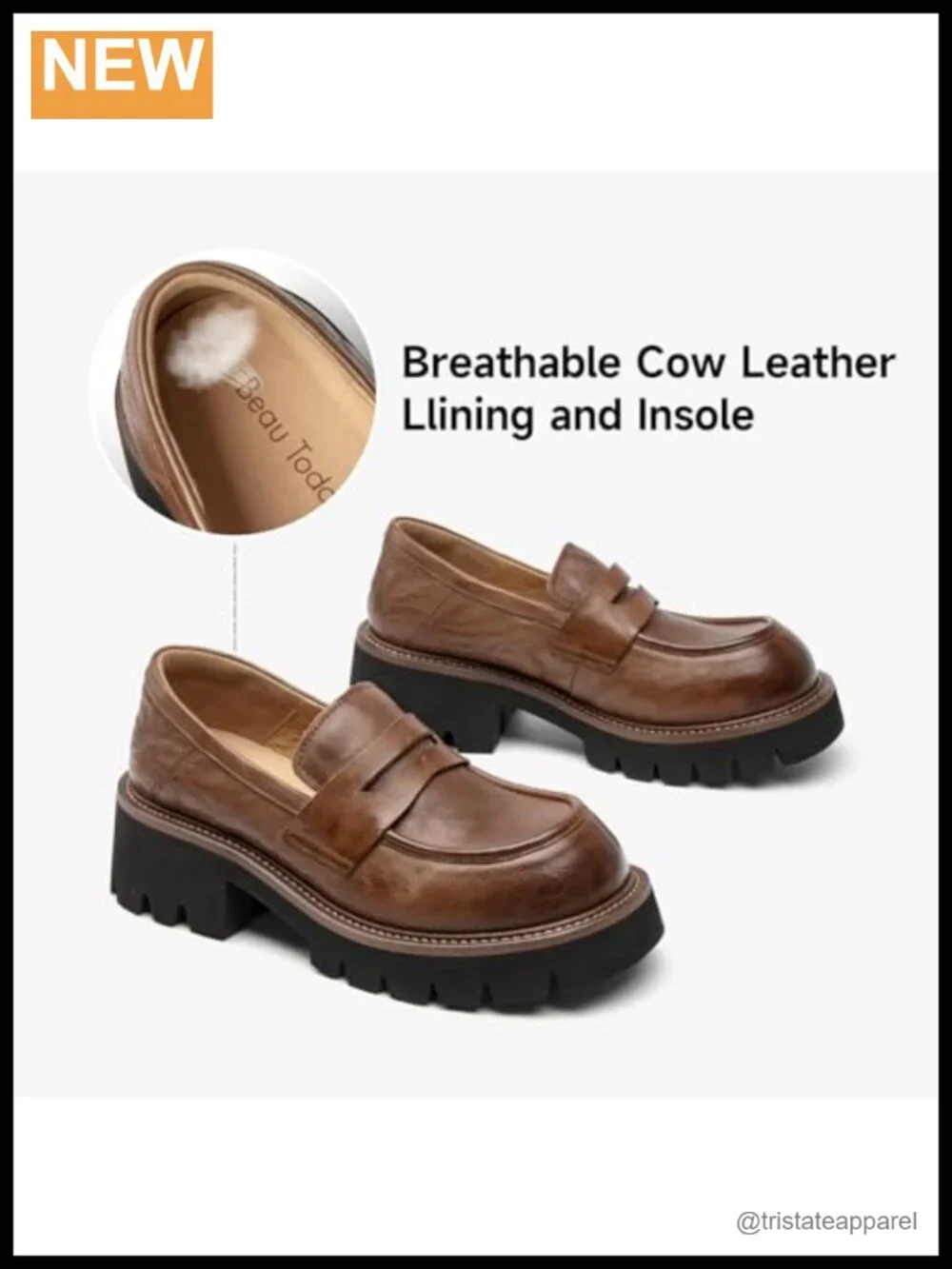 Women's Chunky Platform Loafers Leather Slip-On Dress Shoes Round Toe